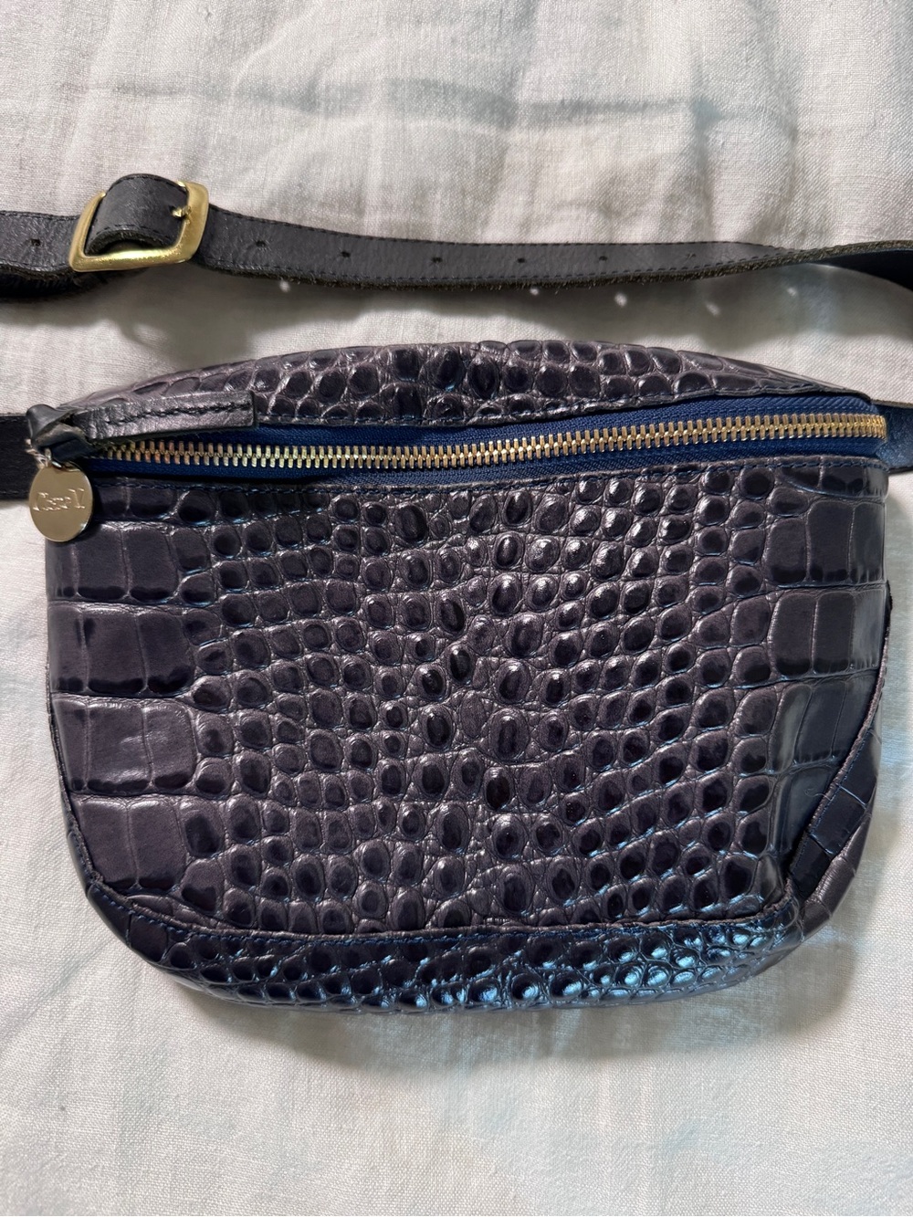 Clare V Croc-Embossed Navy Mini Belt Bag with Gold Hardware